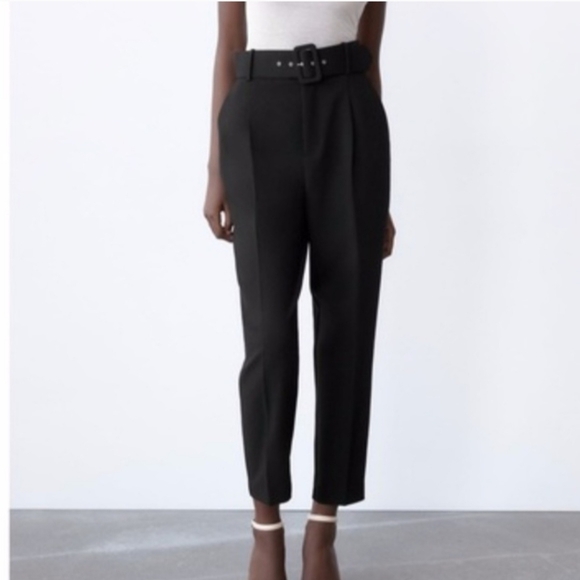 High-Waist Black Belted Tapered Pants - Picture 3 of 3